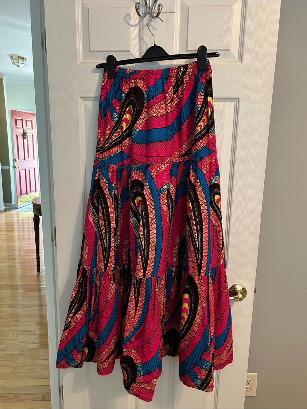 Francis & Benedict Bold Pink & Blue Tiered Maxi Skirt with Black Accents